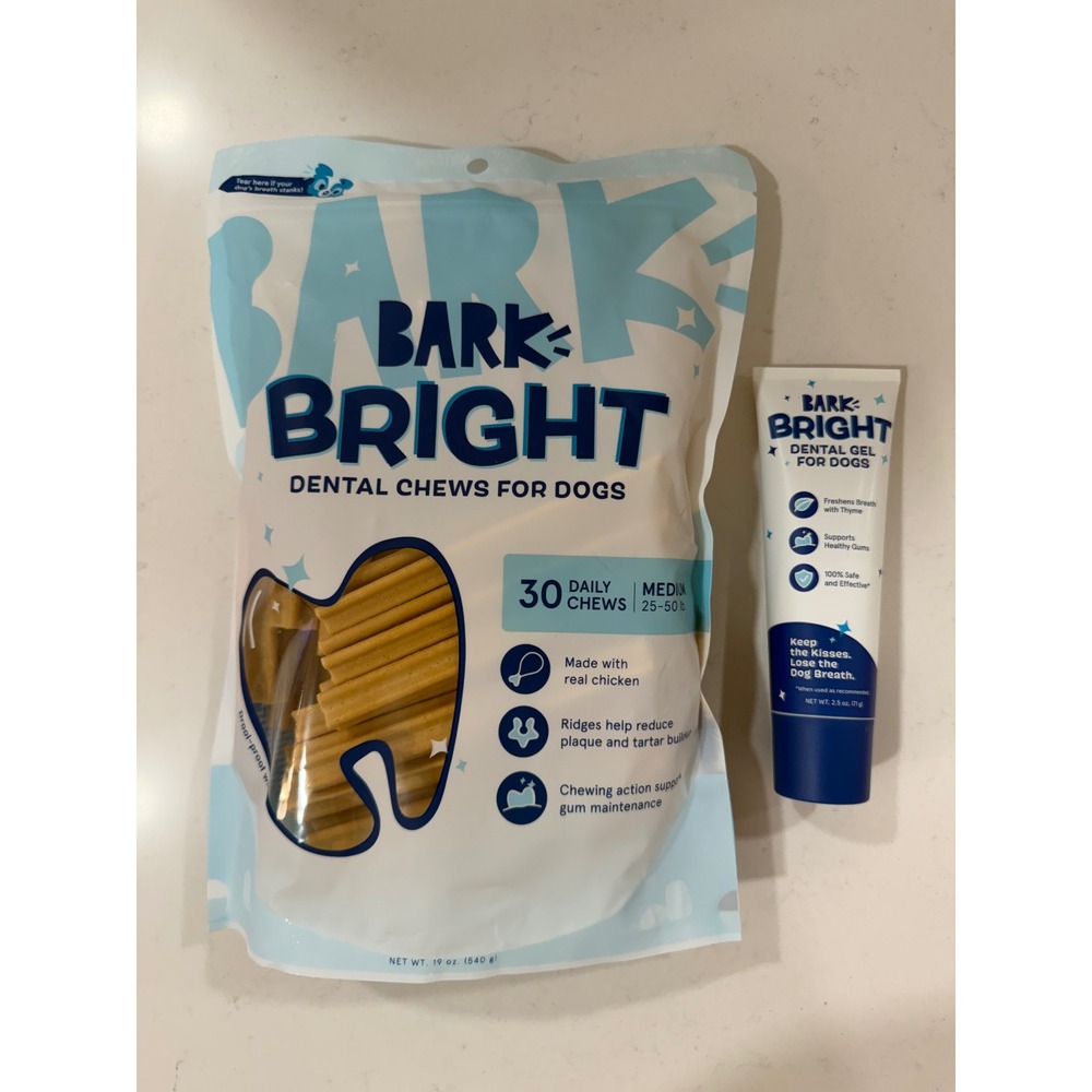 Bark Bright Dental Kit Medium Dogs 25-50lb 30 Daily Chews & 2.5oz Dental Gel